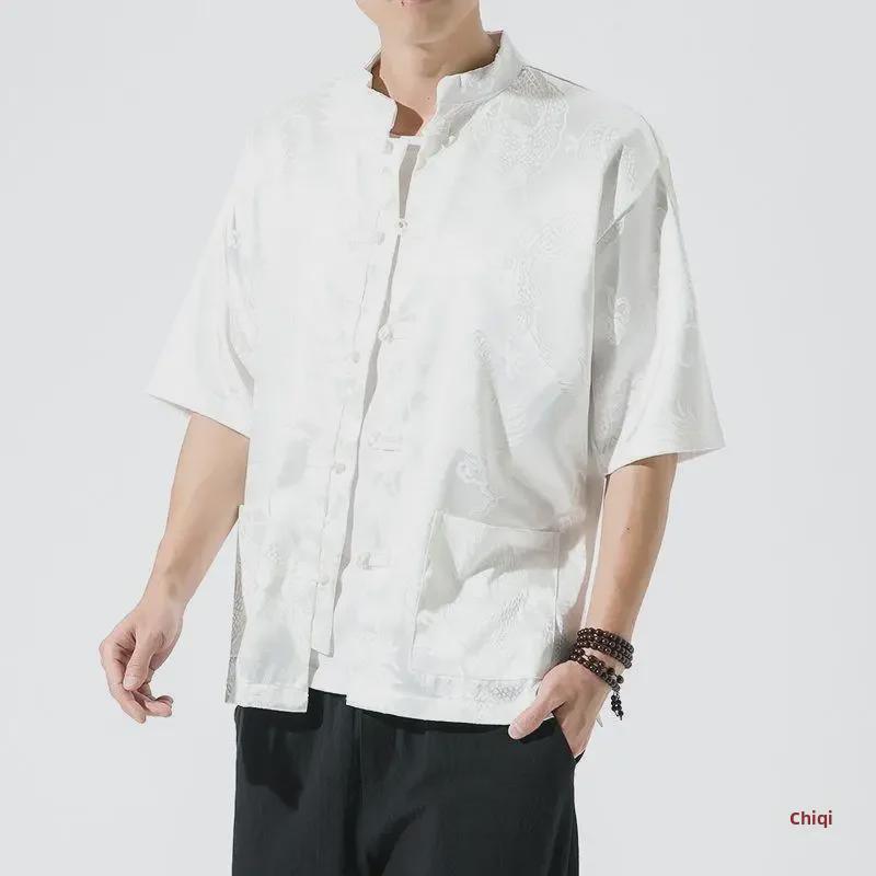 Pattern Chinese Style Dragon Mens Ice Silk Tang Shirt Short Sleeves Loose Fit
