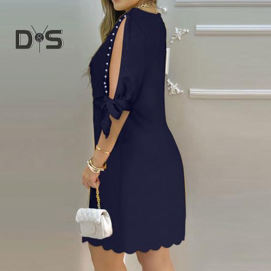 Женское платье с открытыми рукавами три четверти и круглым вырезом, сплошной цвет, мягкое дышащее свободное платье длиной до колена с декором из бисера, женское платье миди для поездок на работу