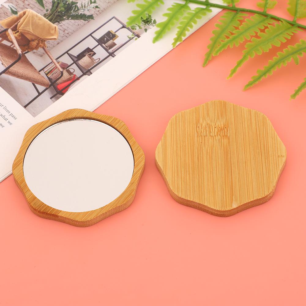 Vintage Bamboo Portable Dressing Table with Mini Wooden Round Mirror - Pocket-Sized Handheld, Customizable Laser Engraved Logo.