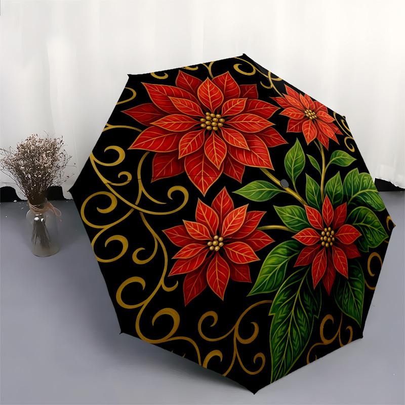 1pc Floral Mandala, Red Flowers, Black Background Umbrella with Plastic Handle,Compact & Stylish,Suitable for All Seasons YS331040