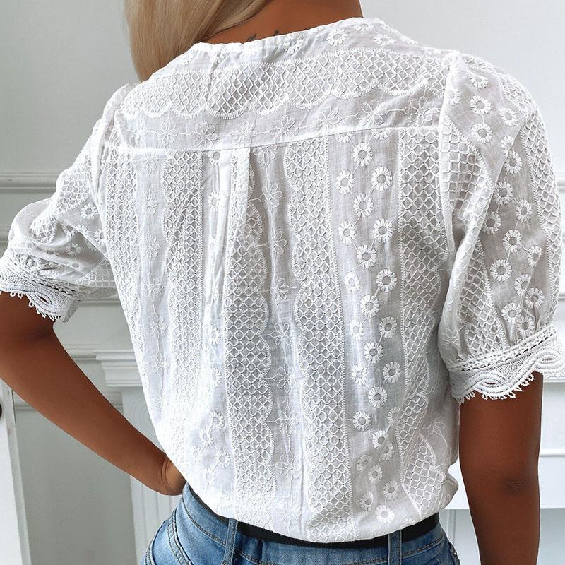 Женская летняя рубашка с короткими рукавами, однотонная, кружевная, белая