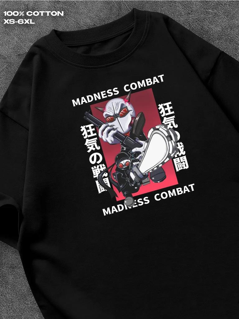 Черная футболка Madness Combat Мужская футболка Женские футболки с принтом букв Футболка с короткими рукавами Повседневная уличная футболка Топ
