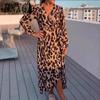 Женская мода осень-зима с леопардовым принтом и длинным рукавом с v-образным вырезом повседневные платья