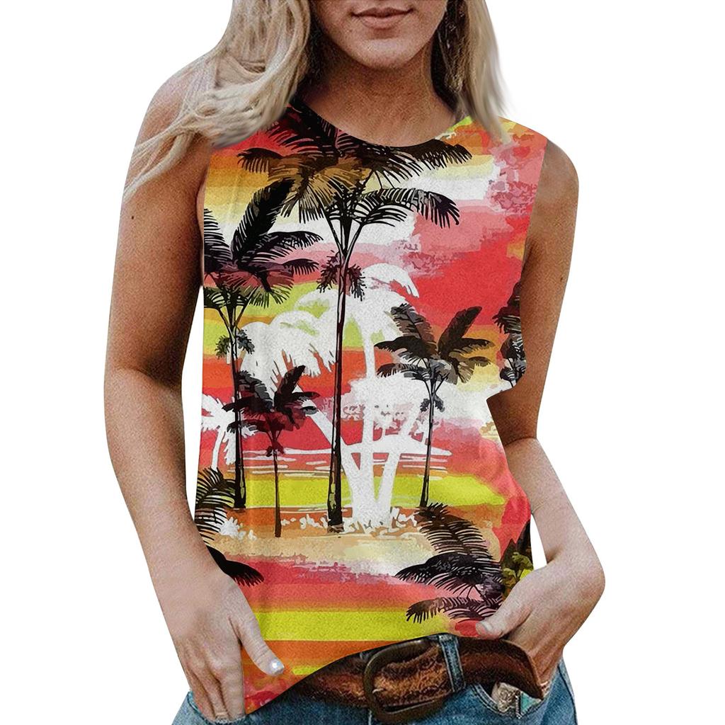 Женская повседневная футболка без рукавов с круглым вырезом и гавайским принтом