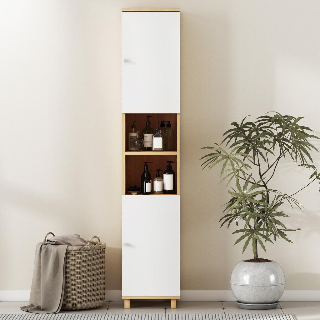 Bathroom Column with 2 Cabinets and Open Shelves. 30x30x166cm. White and Wood