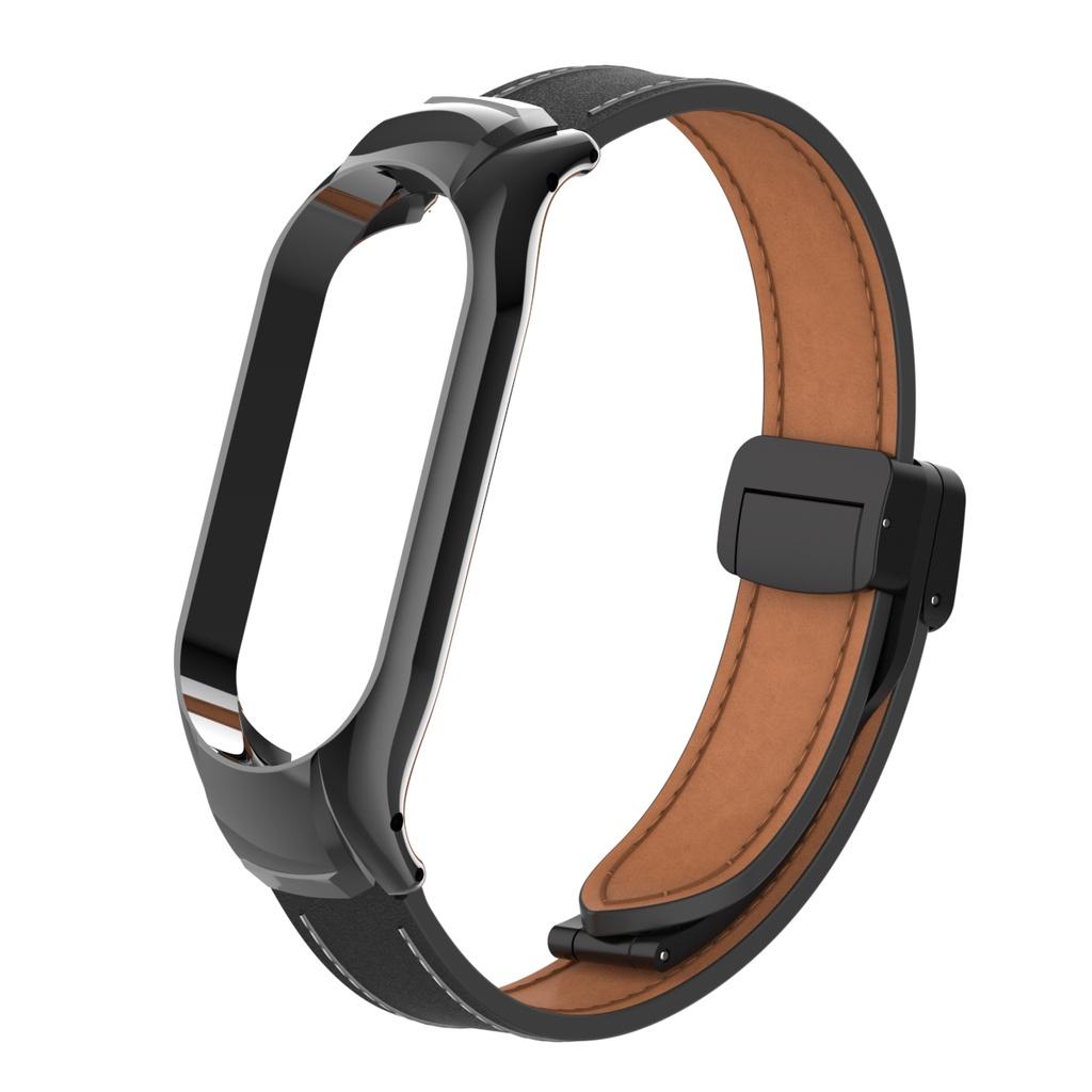 Для Mi Band 7 магнитная пряжка, ремешок из натуральной кожи + металлический корпус для часов для Xiaomi Smart Band 8/Band 7/Band 6/5/4/3, сменный браслет