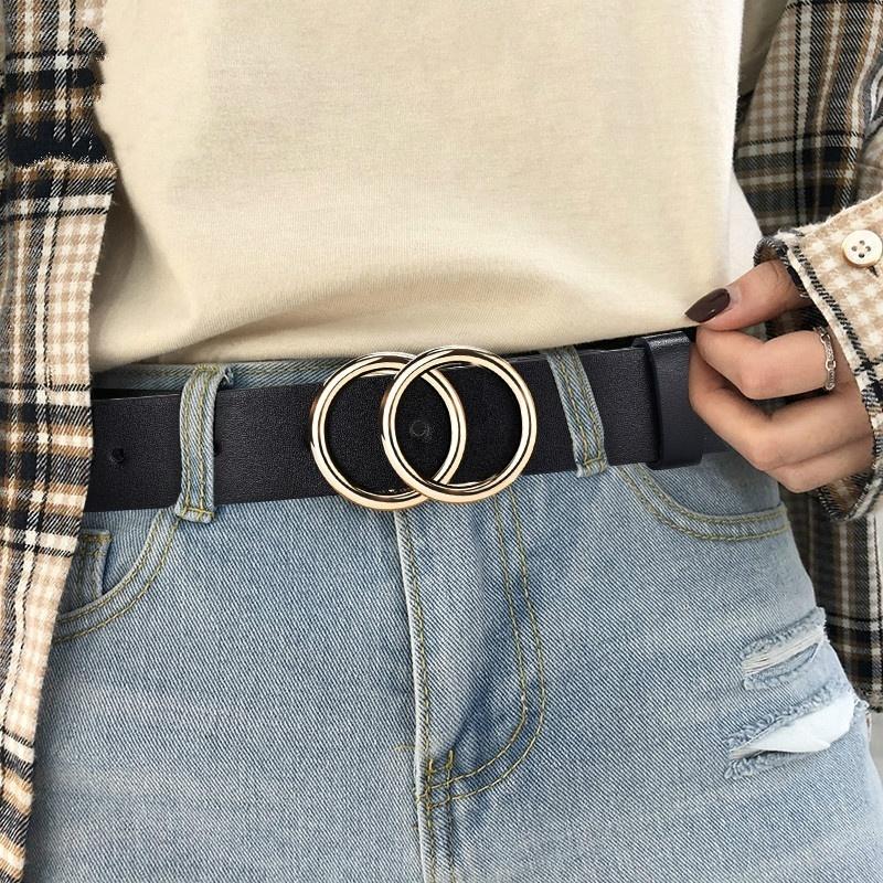 Женские кожаные ремни с двойной круглой пряжкой, модный ретро-регулируемый ремень