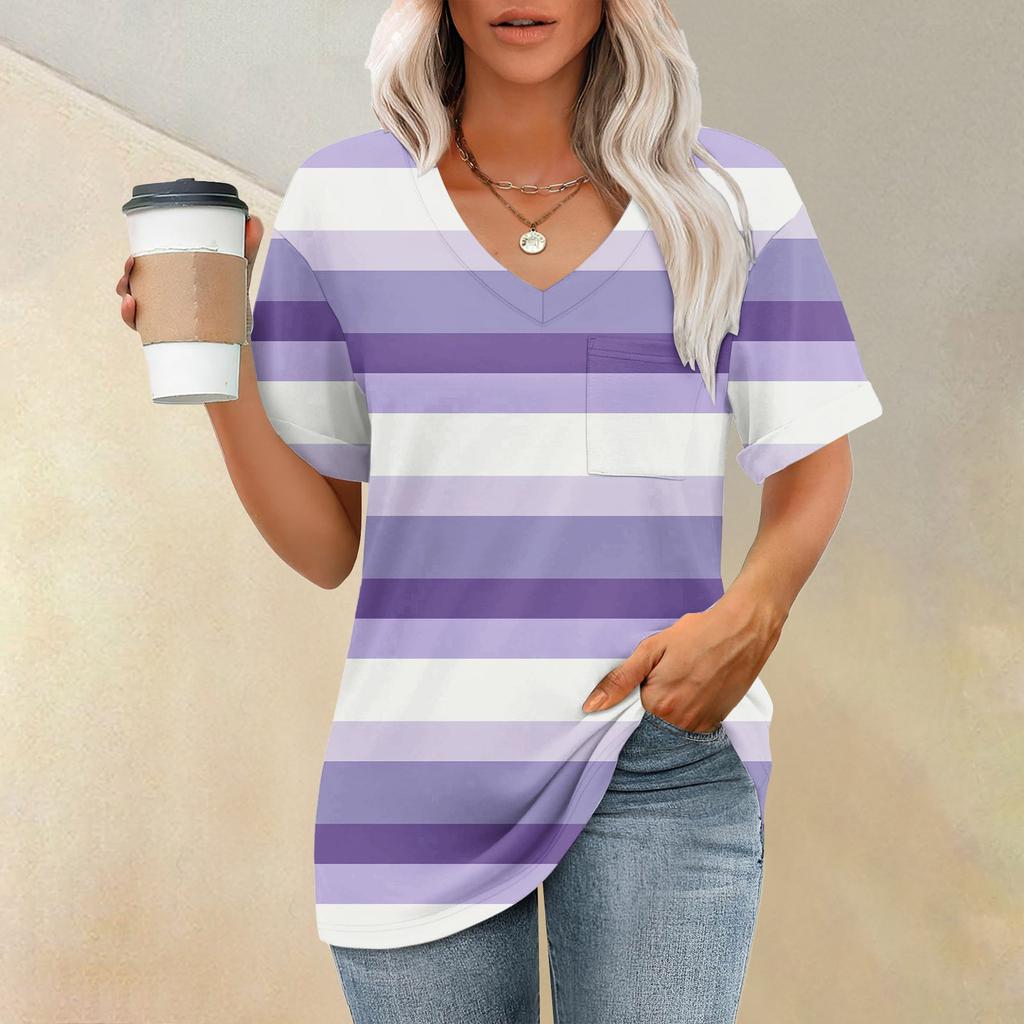 Модный топ с карманом, V-образным вырезом, коротким рукавом, полосатым принтом, футболка