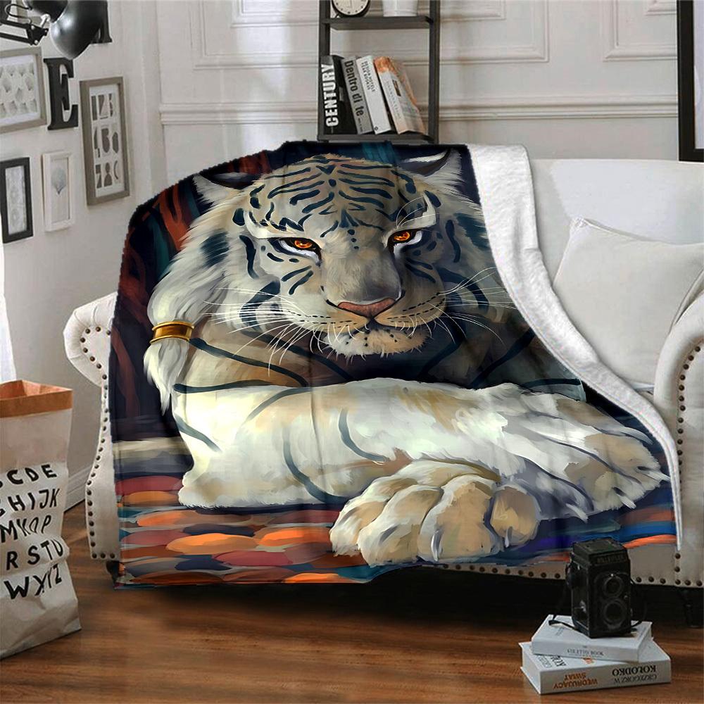 1pc White Tiger Print Blanket Lightweight Blanket Throw Blanket For Sofa, Bed, Travel, Camping, Livingroom, Office, Couch, Chair yy251010047
