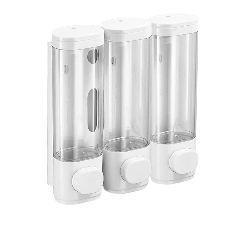 Wall Mount Triple Head Soap Dispenser, No Drill Manual Press Liquid Soap Container for Hotel & Home, Shampoo Shower Gel Dispenser Box