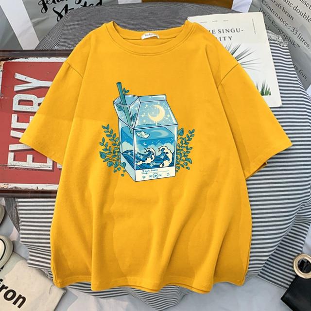 Молочная коробка, футболки с принтами лунного света и волн, женская модная футболка большого размера, ретро футболка с круглым вырезом, уличная одежда, женская футболка большого размера