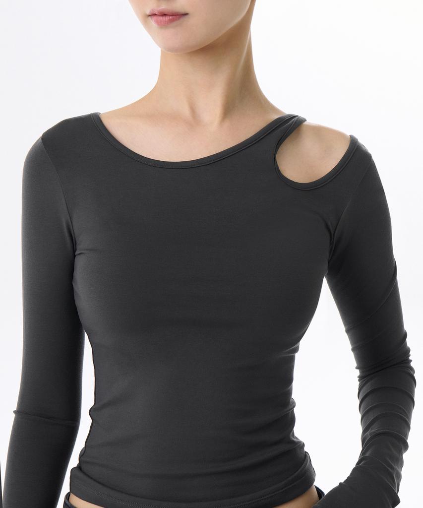 MUSINSA STANDARD WOMAN Женская футболка с длинным рукавом из тенсела, узкого кроя, с вырезами и завязками [Темно-серый]