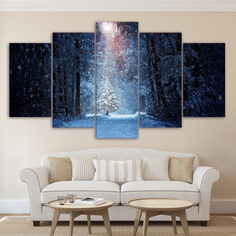 5 Piece Wall Art Canvas Forest Winter Snow Landscape Poster Painting Home Decor Dark Blue Tree Picture Print Living Room Artwork
