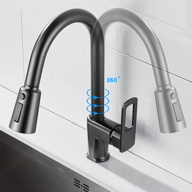 1 шт. Новый смеситель для кухонной мойки, серый/черный/серебристый, подходящий для горячей и холодной ванны, современный смеситель с поворотом на 360° и выдвижным изливом