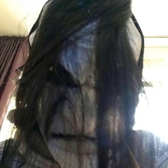 Halloween Scary Zombie with Black Hair Ghost Mask Breathable Haunted House Prop