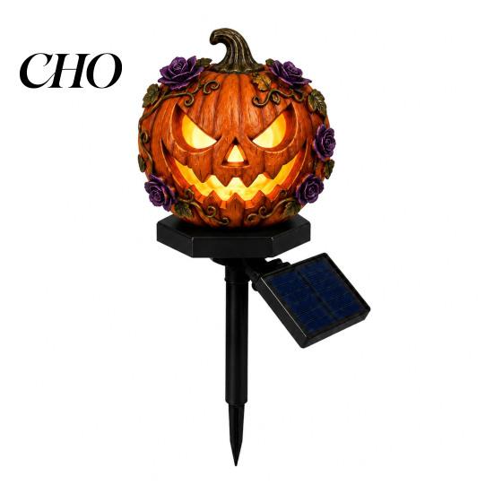 Fall Yard Ornament Solar Halloween Pumpkin Garden Stake Light, Waterproof Resin LED Warm Amber Light Lantern, Spooky Lighting for Outdoor Patio