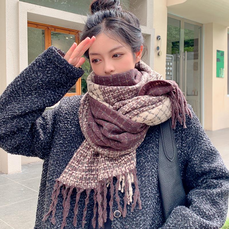 Japanese Korean Style Soft Tassel Color-Block Plaid Scarf Women Men Warm Neck Wrap Atmosphere Shawl
