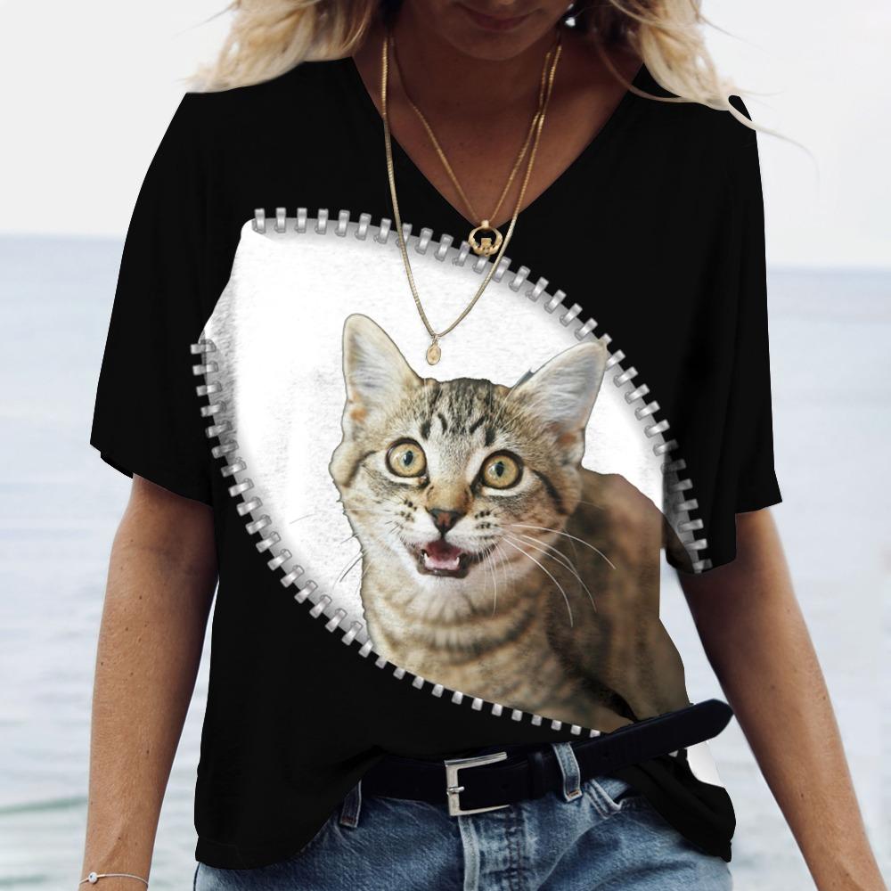 Футболка с 3D принтом кота, женские футболки большого размера с v-образным вырезом, топы, женские повседневные модные футболки с короткими рукавами, уличная одежда, женская одежда Y2k