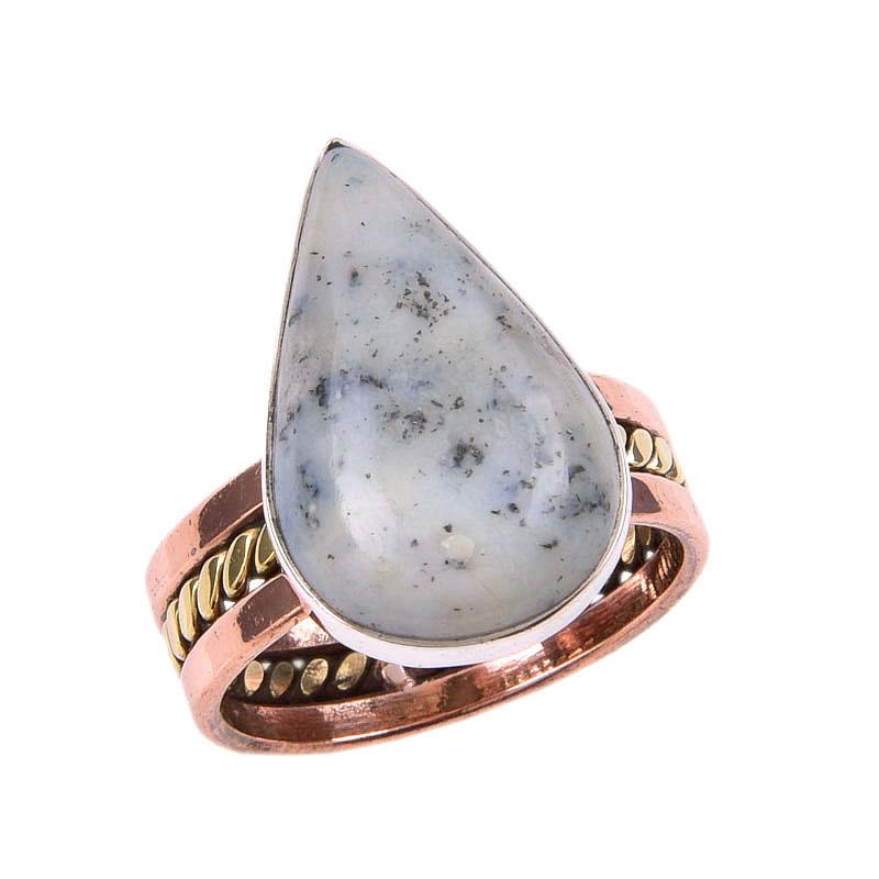 Натуральный Дендритовый Опал Драгоценный Камень 925 Проба Цельное Стерлинговое Серебро Двухцветное Кольцо Р.7.5 o0k98