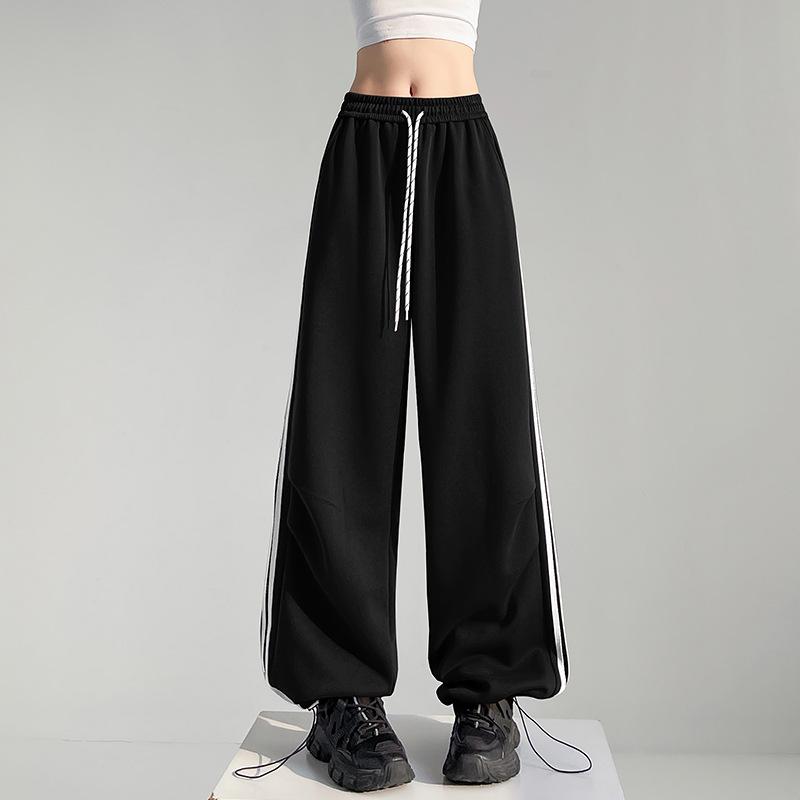Осенние спортивные широкие брюки в полоску, женские свободные прямые брюки с высокой талией, повседневные шикарные спортивные брюки со шнурком