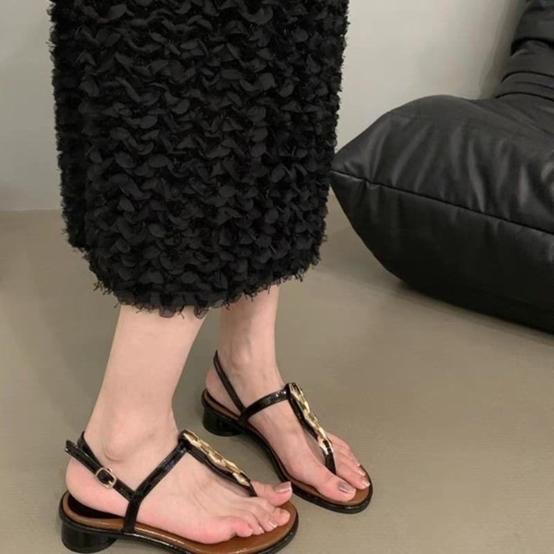 Fashion Fashion Block Heel Clip Toe One Buckle Strap Sandals New Summer Round Toe Metal Buckle Mid-heel Non-slip Beach Roman Shoes