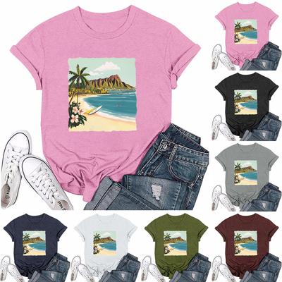 Женская мода с принтом, круглым вырезом, коротким рукавом, футболка, пуловер, топ