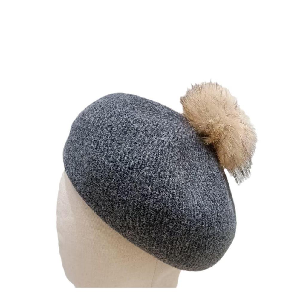 Женский зимний шерстяной берет 2023 года с помпоном из меха енота