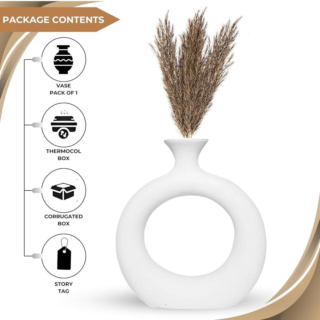 Новая керамическая ваза «Белый тонкий пончик» 6 дюймов — набор из 1 шт. | Декоративная круглая ваза для сухоцветов и пампасной травы | Вазы для домашнего декора,