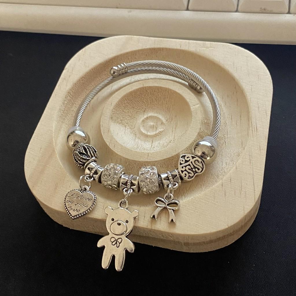 Сердце-Мишка из Нержавеющей Стали DIY Шарм Браслет с Фианитами Для Подарка и Модный Аксессуар