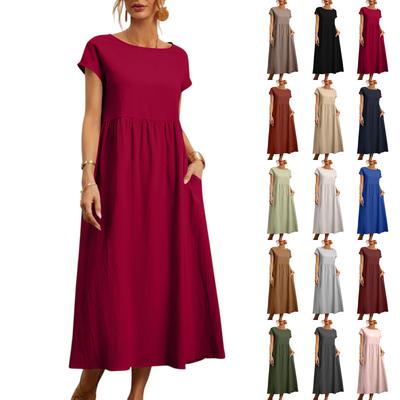 Женское цветное свободное хлопково-льняное платье с коротким рукавом и карманами
