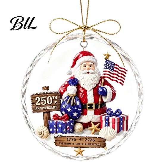 Reusable Holiday Wall Decor 250 Anniversary USA Sea Glass Christmas Ornament, 1776-2026 Patriotic Faux Crystal Texture Gift Tag Clear Keepsake,