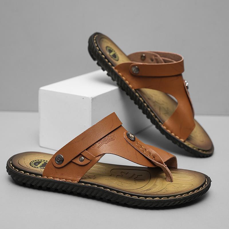 Летние мужские сандалии, нескользящие шлепанцы для мужчин, пляжные сандалии, кожаные тапочки на мягкой подошве, мужские повседневные сандалии для отдыха на открытом воздухе, большой размер