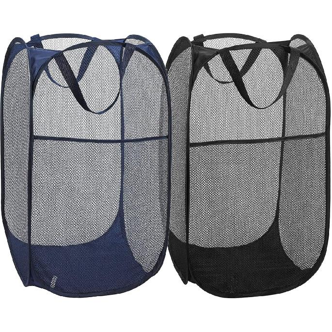 2 Pack Foldable Mesh Popup Laundry Hamper,Laundry Basket Easy to Open and Fold for Dorm,Travel, College Dorms, and More (Black and blue)…