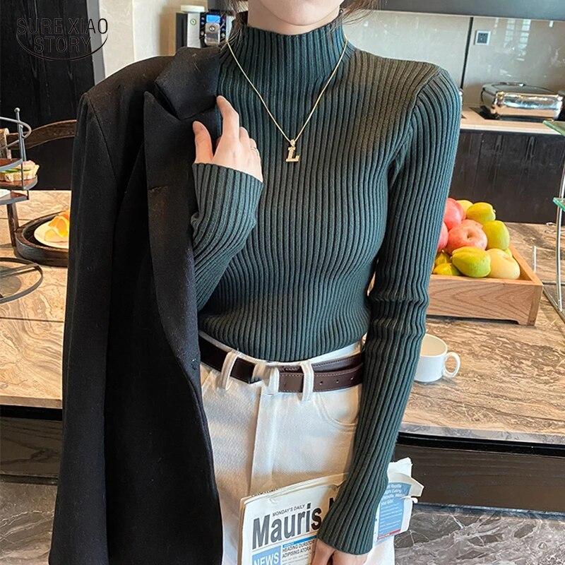 Элегантный вязаный свитер с полувысоким воротником, винтажный женский пуловер с длинными рукавами, топы, осенне-зимний белый джемпер, свитера 22848