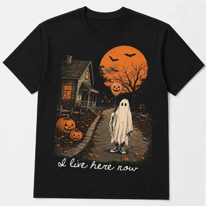I Live Here Now Ghost Graphic Halloween Funny Unisex T-Shirt