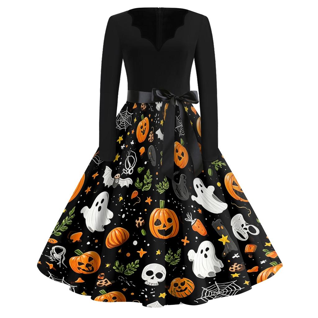 Womens Casual Halloween Print V Neck Vintage Dress Long Sleeve A Line Retro Style Midi Dress with Waist Tie