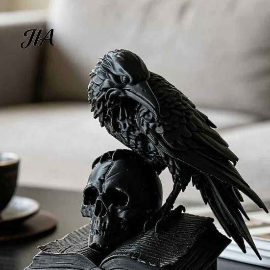 Dark Academia Style Decoration Black Raven Skull Statue, 3D Printed Gothic Crow Figurine for Desk Mystery Theme Party Supplies Shelf, Spooky Halloween