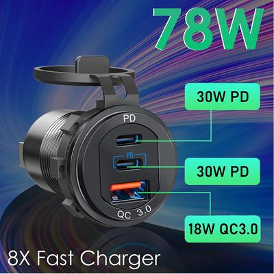 Автомобильное зарядное гнездо 12 В/24 В, два порта USB PD и QC3.0 Type-C, водонепроницаемое, со светодиодом, быстрая зарядка, автомобильный мото-адаптер мощностью 78 Вт/66 Вт