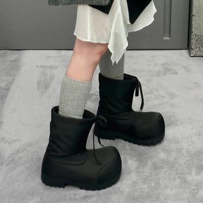 Лыжные ботинки-дутики с большой головой 2025 зима новинка водонепроницаемые и нескользящие на шнурке толстая подошва уродливые милые теплые увеличение роста короткие ботинки женские