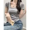 Summer Square Neck Pure Desire Sweet and Spicy Slimming Short Top with Hollow Bow Design and Chic Short-sleeved T-shirt