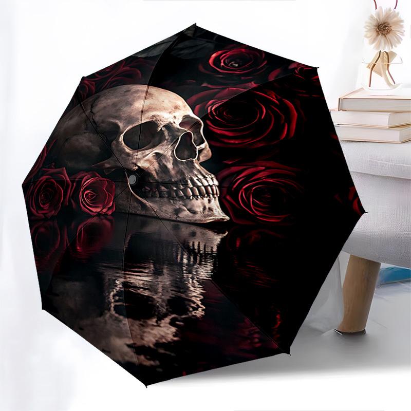 Skull Roses Automatic Folding Umbrella Compact 8 rib Design,Unique Style,Suitable for Everyday Outdoor Use,Perfect Gift for Friends and