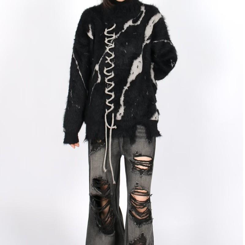 Fall Winter Color Block Knit Turtleneck Loose Mohair Sweater Lolita Style Womens Casual Top