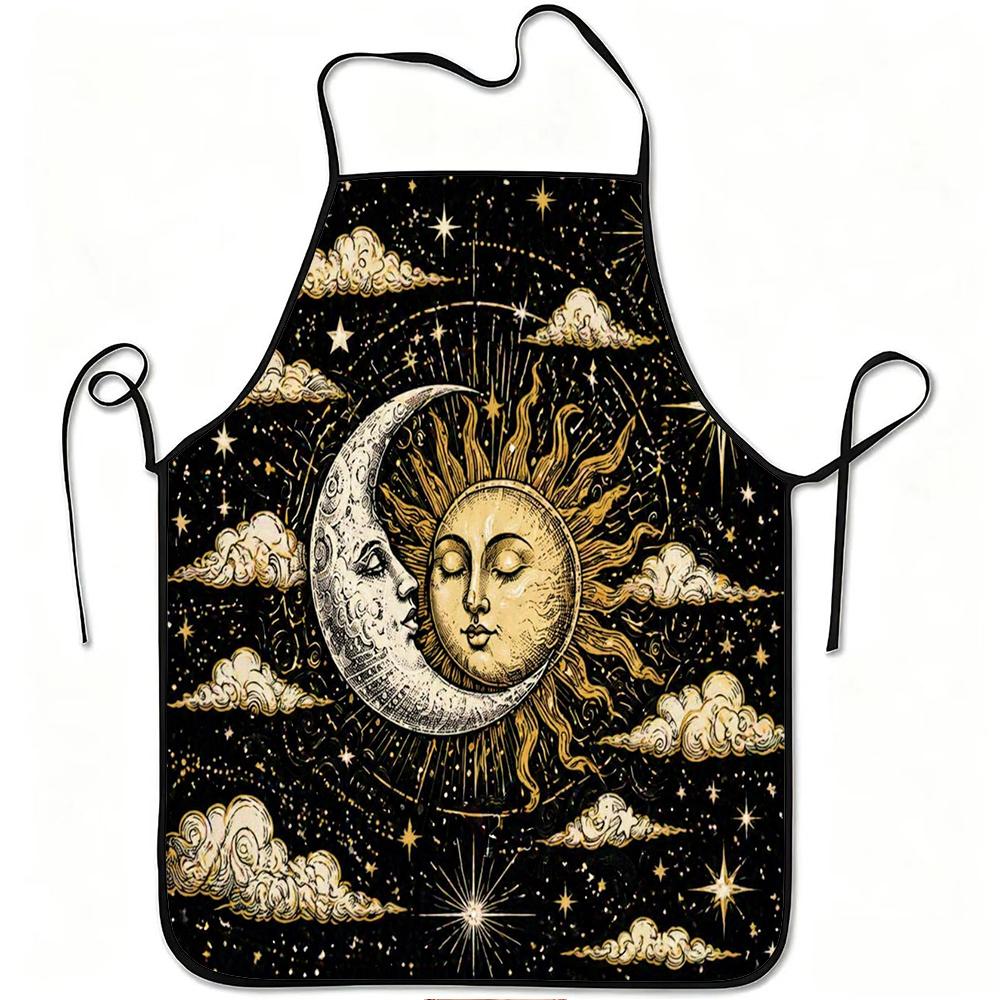 1pc Sun Moon Starry Sky Vintage Print Apron, Durable and Easy to Clean, Adjustable Waistband, Polyester Material, for Kitchen Cooking, Gardening, Orch