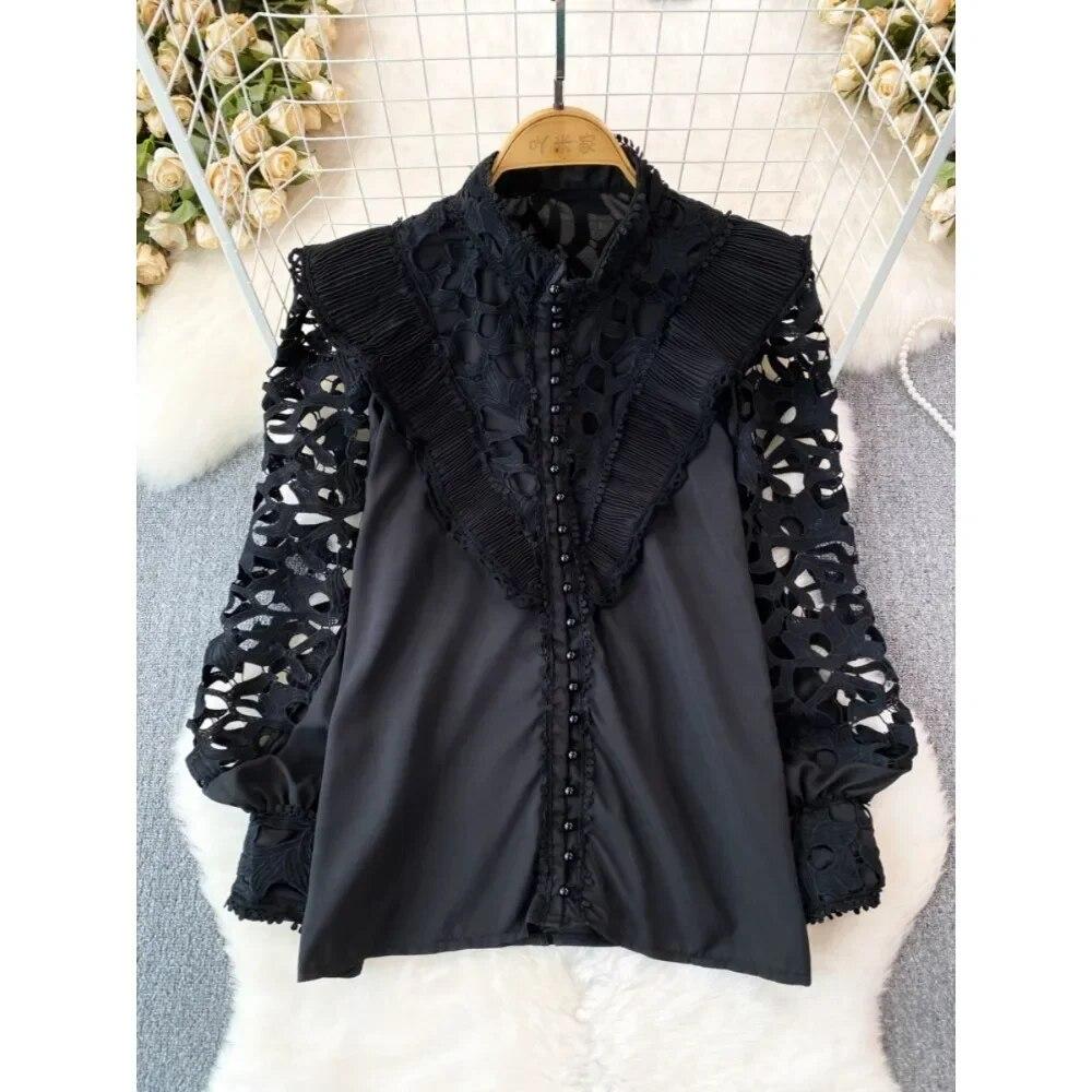 Винтажная блузка в стиле суда для женщин, с воланами, ажурные кружевные лоскутные рубашки с длинными рукавами-фонариками, женские блузки, Прямая поставка