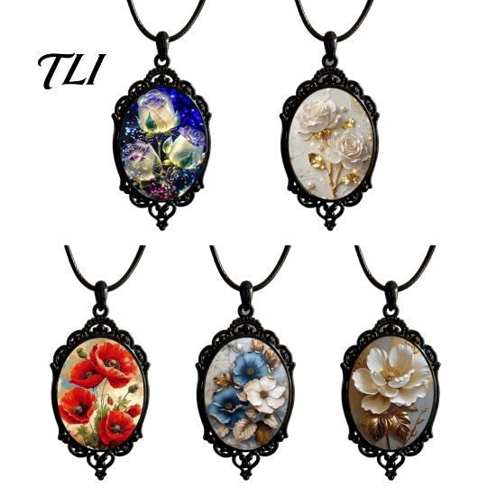 Fashion Jewelry for Parties Oval Floral Pendant Necklace, Vintage Glass Dome Rose Elegant Alloy Adjustable Cord Retro Women Girls Birthday