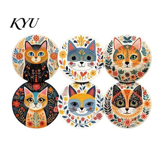 Functional Coasters for Home Decor 6 Pcs Cute Cat Coasters, Thick Heat-Resistant Wood Coaster Tabletop Protection, Anti-skid Tables Non Slip