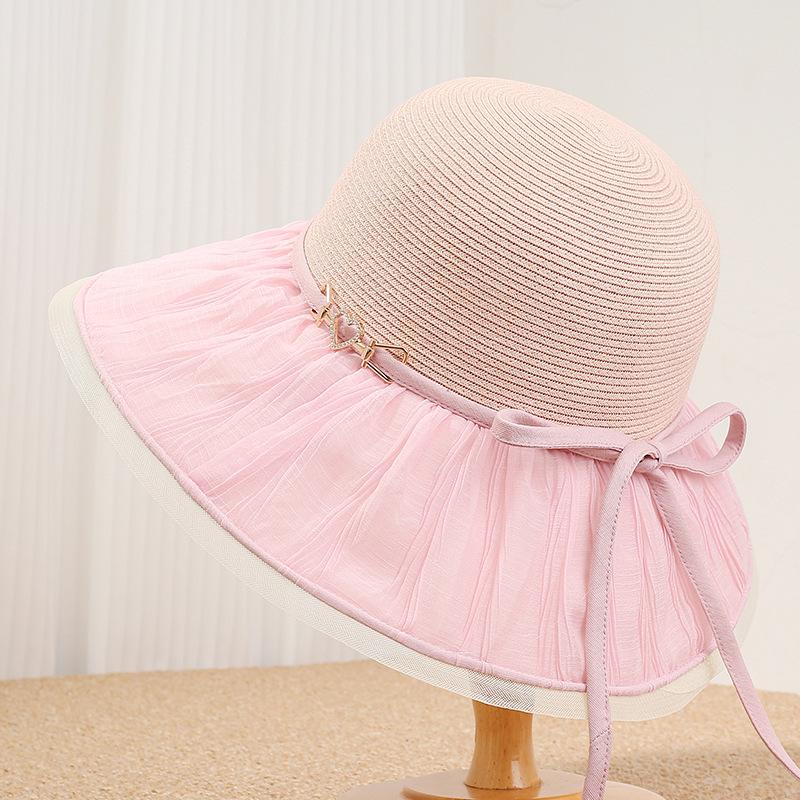 French elegant mesh straw hat seaside vacation photo artifact wide brim lace bucket hat women's temperament sunscreen hat