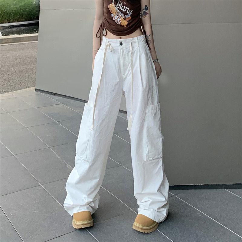 WTEMPO Women's Straight Cargo Pants High Waist American Streetwear Vintage Pants Chic Design Casual Ladies Wide Leg Cargo Trousers