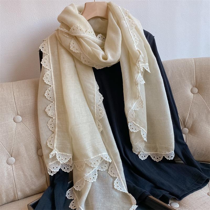 Early Autumn Fresh and Elegant Crochet Lace Cotton and Linen Thin Scarf Women's Fashion Outer Shawl Spring and Summer Decorative Long Silk Scarf