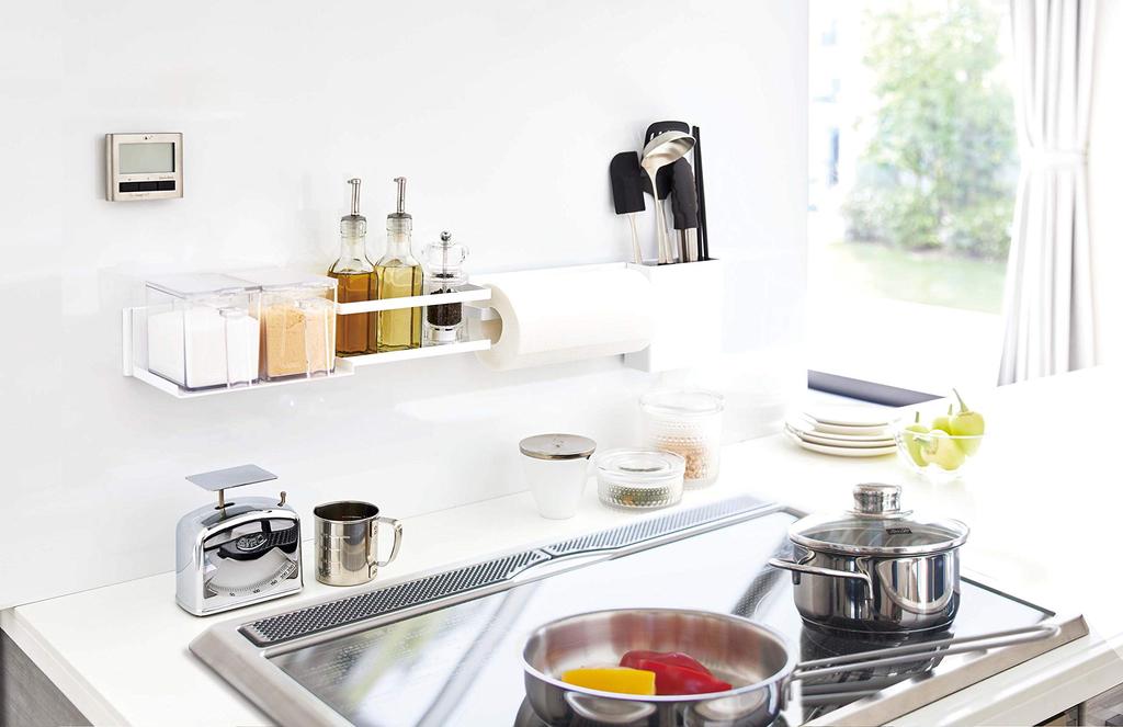 Yamazaki Jitsugyo 5104 Магнитная настенная кухонная барная стойка, широкая белая башня, настенная система хранения, магнитное крепление, прибл.. Ш84XГ1XВ7.3см